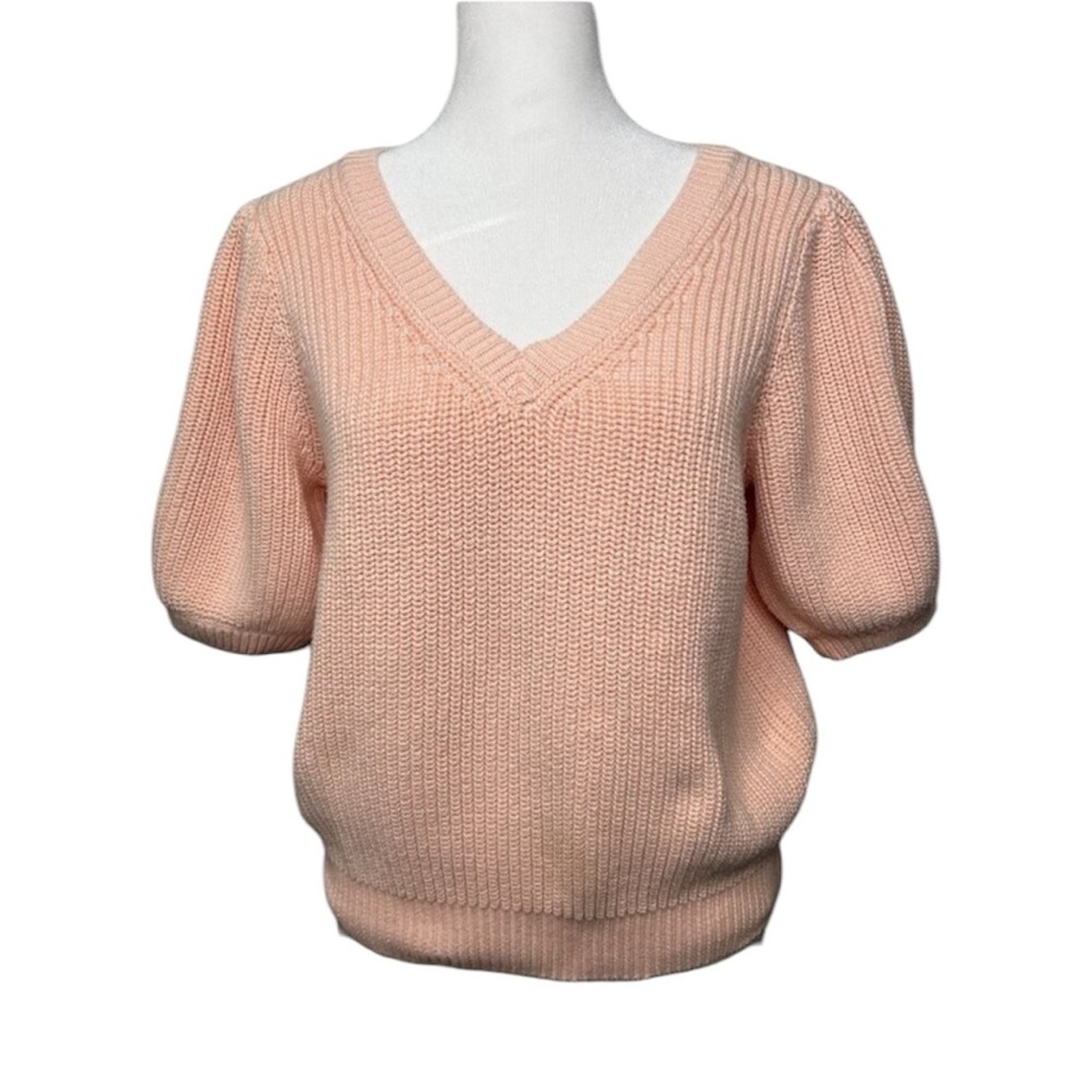525 America V-Neck Puff Sleeve Knit Sweater Medium Womens Pink